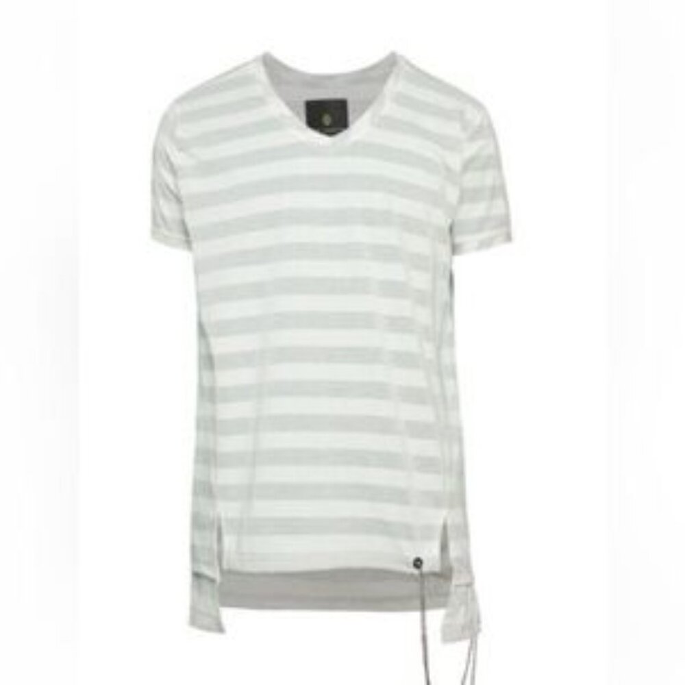 NWT Ron Tomson silver Striped V-Neck T-Shirt with chain